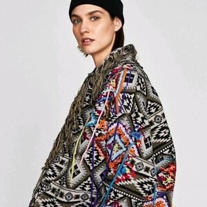 ZARA CARDIGAN FRINGED TRIBAL AZTEC EMBROIDERED BLAZER COAT JACKET